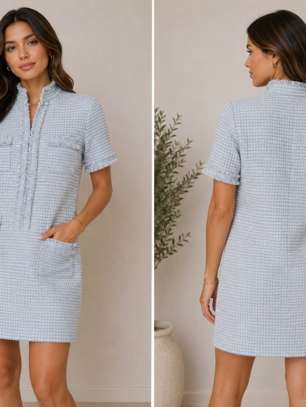 Textured tweed mini dress light blue white fringe short sleeve Size M